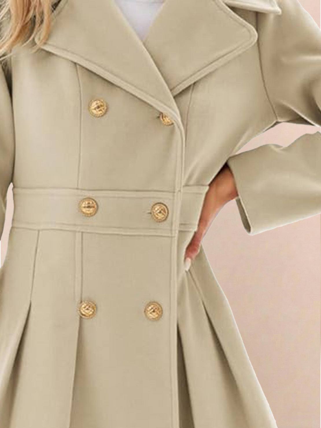 Tailored fit and flare trench coat with double-breasted buttons and smooth lining