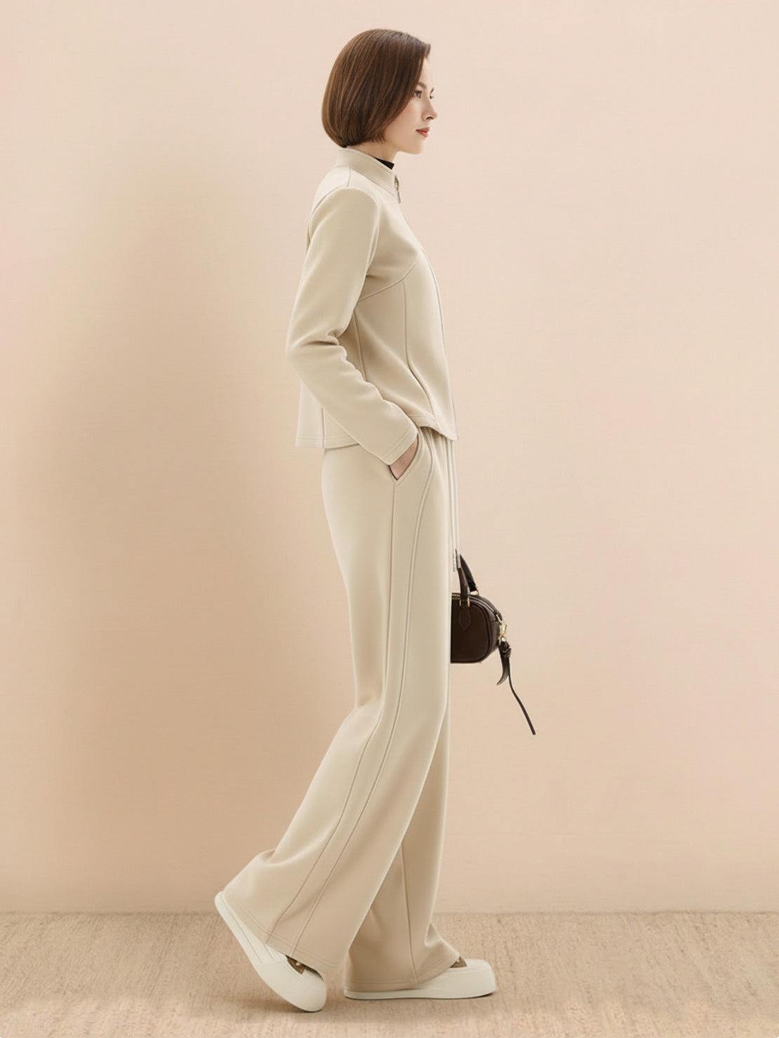 Nano-Fleece Zip Two-Piece Set with hip-length jacket and wide-leg pants in soft wrinkle-resistant fabric