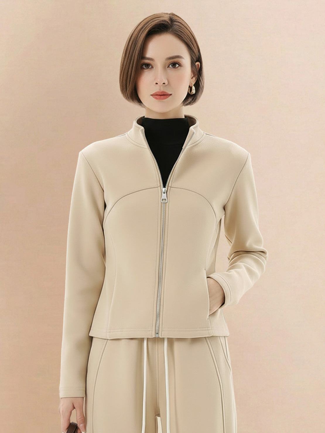 Women’s nano-fleece zip two-piece set with hip-length jacket and wide-leg pants in soft, wrinkle-resistant fabric