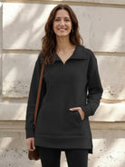 Grey half-zip waffle pullover sweater with kangaroo pocket and fold-over collar