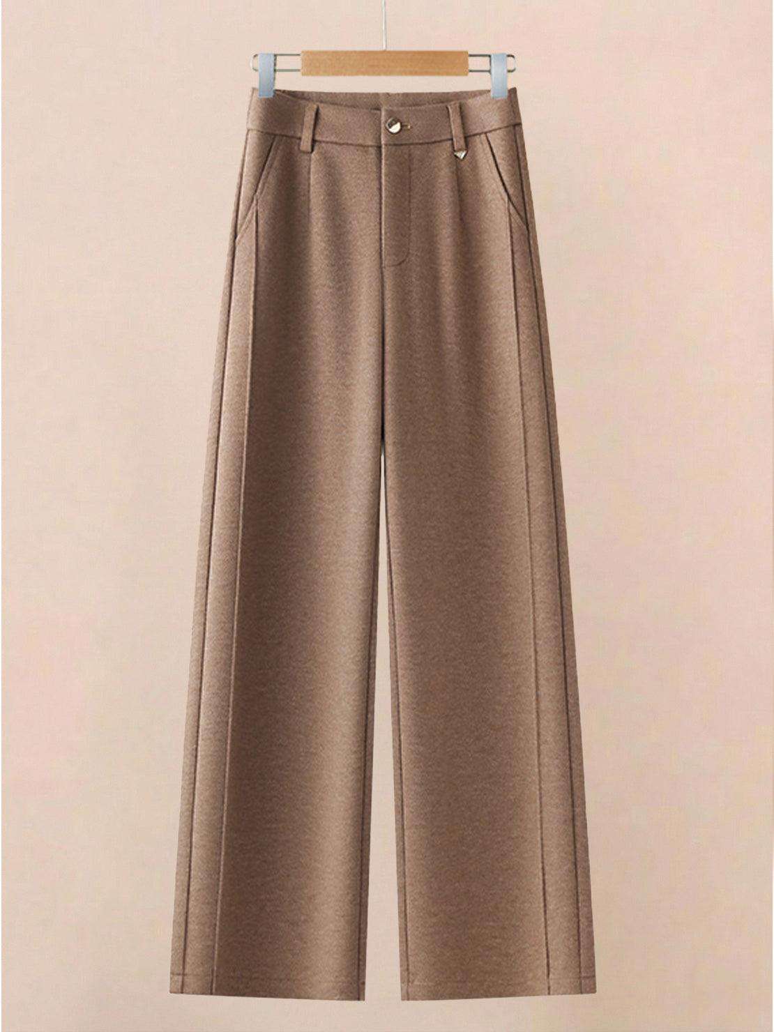 Brown thermal wool blend trousers with wide-leg cut and high waist, business-ready winter pants