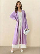 Long Australian Merino Wool cardigan with open front and patch pockets for layered fall and winter wear