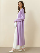100% Australian Merino Wool long open-front cardigan with pockets and ribbed cuffs for fall layering