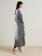 Long Australian Merino Wool cardigan with open front and patch pockets for layered fall and winter wear