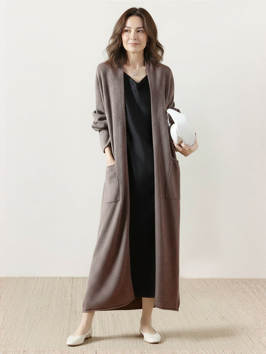 Longline 100% Australian Merino Wool open-front cardigan with ribbed cuffs and front pockets