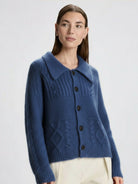 Wool-blend button-front cardigan with wide collar and anti-pilling knit for lightweight warmth and comfort