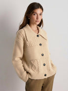 Wool-blend button-front cardigan with wide collar and lightweight warmth for layering