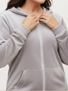 Plus size velour zip-up tracksuit with hoodie and straight-leg pants in soft, wrinkle-resistant fabric