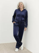 plus size velour zip-up tracksuit with hoodie and straight-leg pants