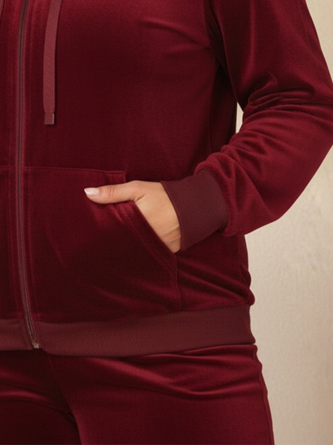 Plus size velour zip-up tracksuit with hoodie and straight-leg pants