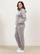 Plus size velour zip-up tracksuit with hoodie and straight-leg pants in soft fabric