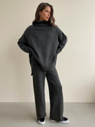 Soft-knit turtleneck two-piece set with relaxed fit and wide-leg pants