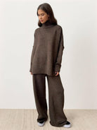 Soft-knit turtleneck two-piece set with relaxed fit and wide-leg pants