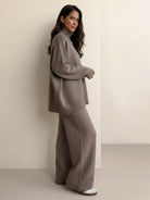 Soft-knit turtleneck two-piece set with relaxed fit and wide-leg pants