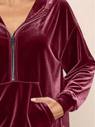 Ultra-soft velvet half-zip hoodie with hood and kangaroo pocket