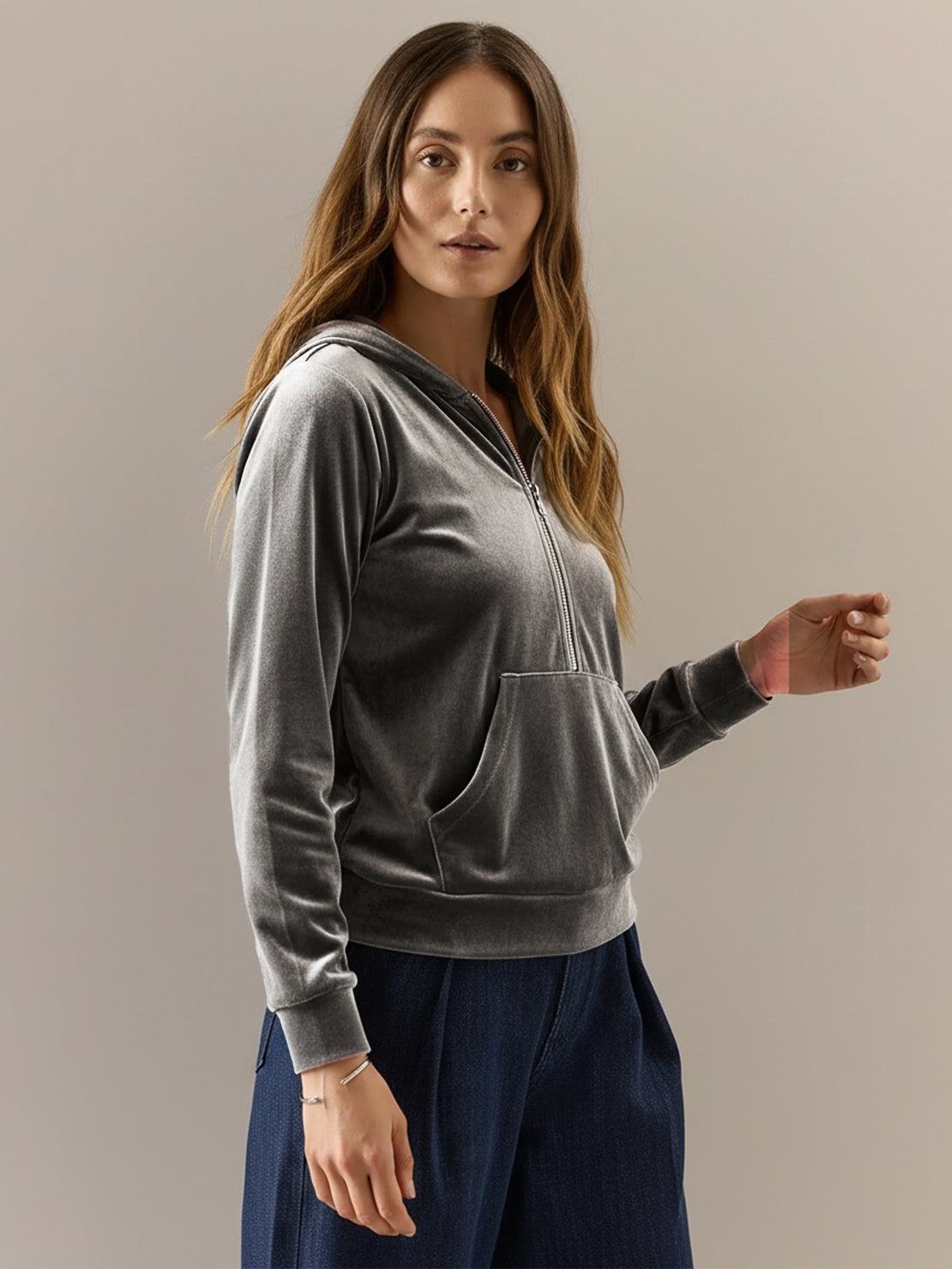 Ultra-soft velvet half-zip hoodie with kangaroo pocket and relaxed tunic fit