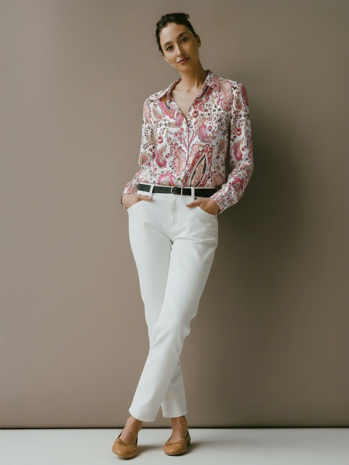 floral button-down shirt with long roll-up sleeves and hip-length relaxed fit