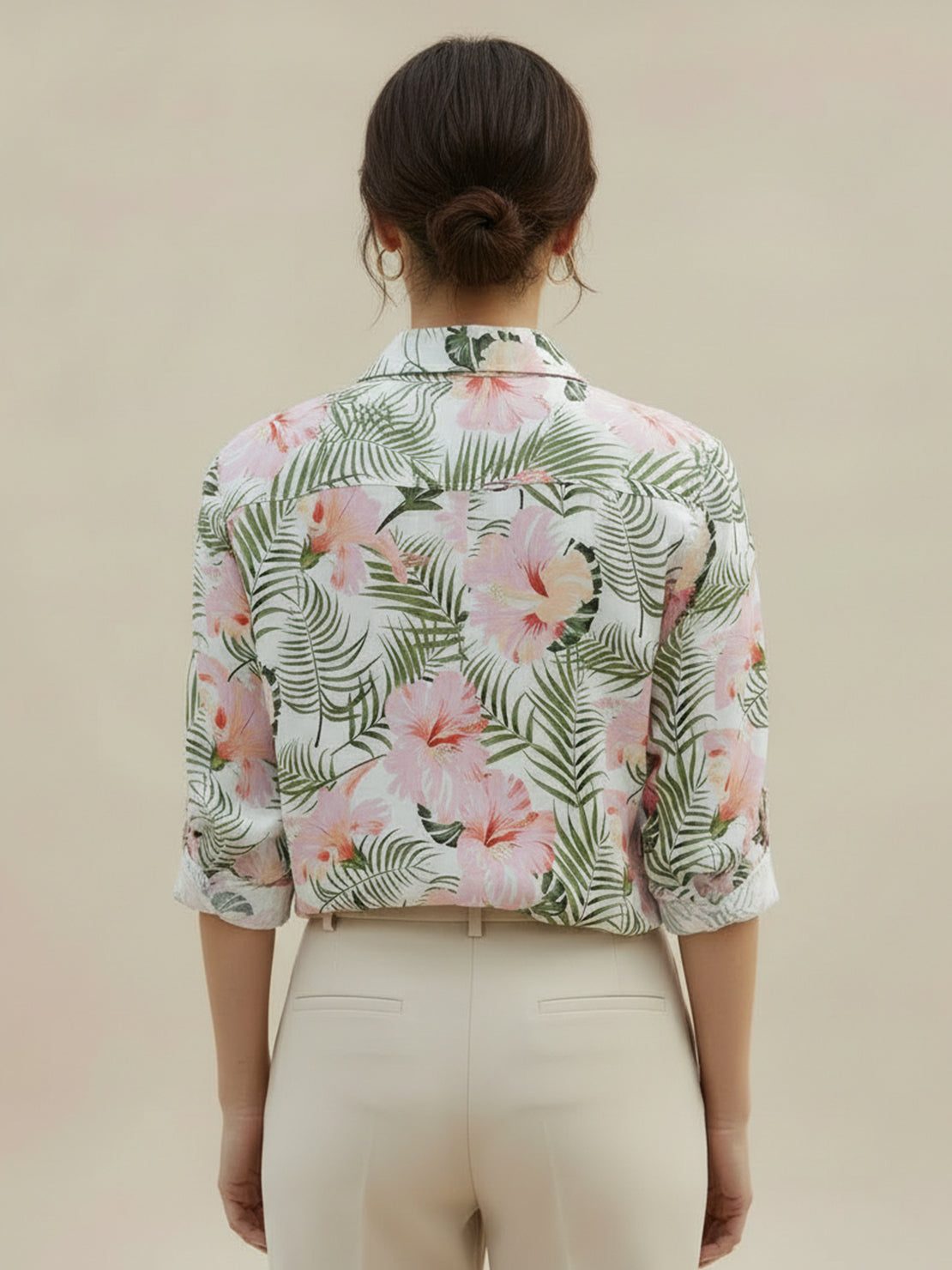 floral button-down shirt with long roll-up sleeves and hip-length hem