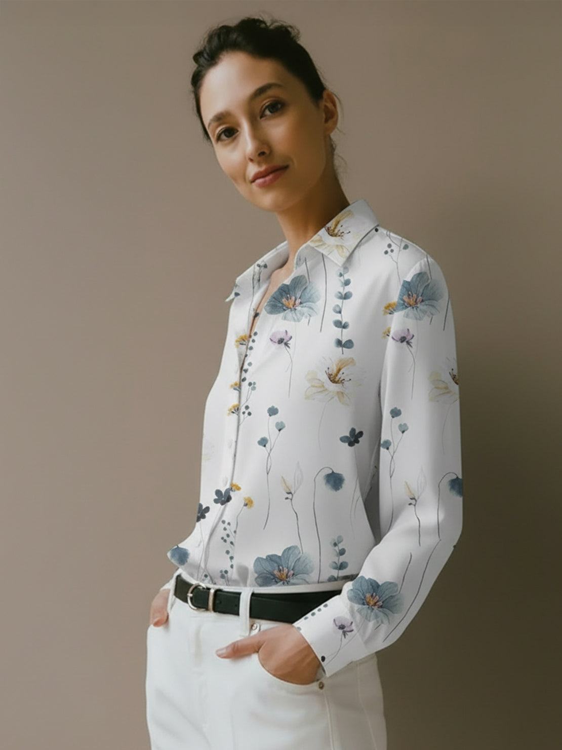 Floral button-down shirt with long roll-up sleeves and hip-length relaxed fit