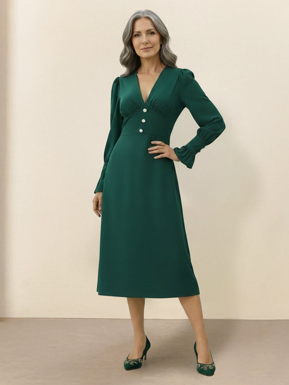 Slimming V-Neck Midi Dress with fitted bodice, button-front, ruffle cuffs, and A-line skirt in wrinkle-resistant polyester