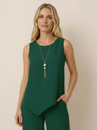 Open-front three-piece co-ord with longline cardigan, tank top, and wide-leg trousers in lightweight knit fabric