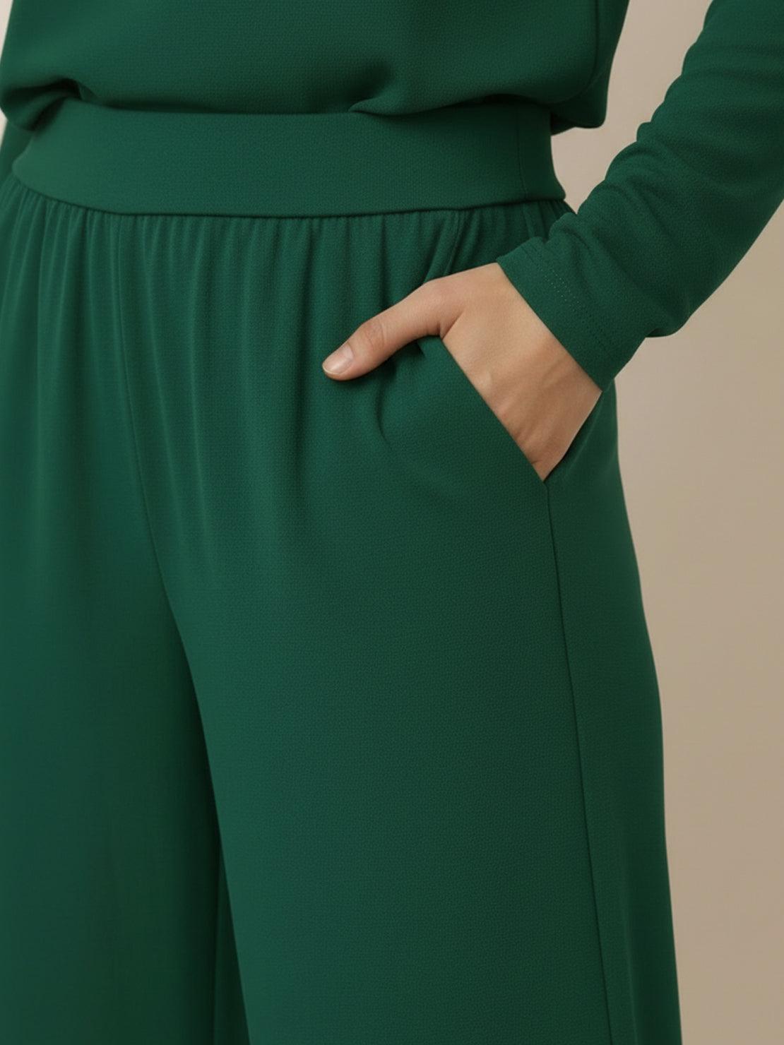 Open-Front Three-Piece Co-Ord with longline cardigan, tank top, and wide-leg trousers in lightweight knit fabric