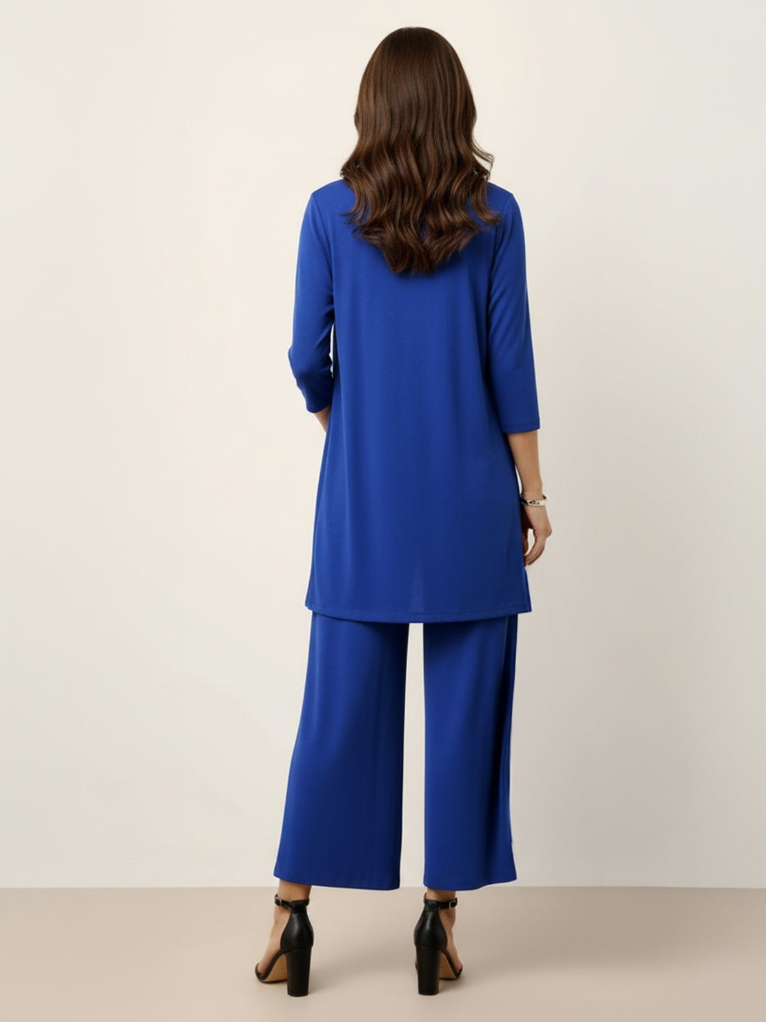 Open-front three-piece co-ord with longline cardigan, tank top, and wide-leg trousers in lightweight knit fabric
