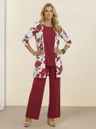 Open-front three-piece co-ord with longline cardigan, round-neck tank, and wide-leg trousers in lightweight knit fabric