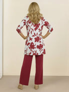 Open-front three-piece co-ord with longline cardigan, tank top, and wide-leg trousers in lightweight knit fabric