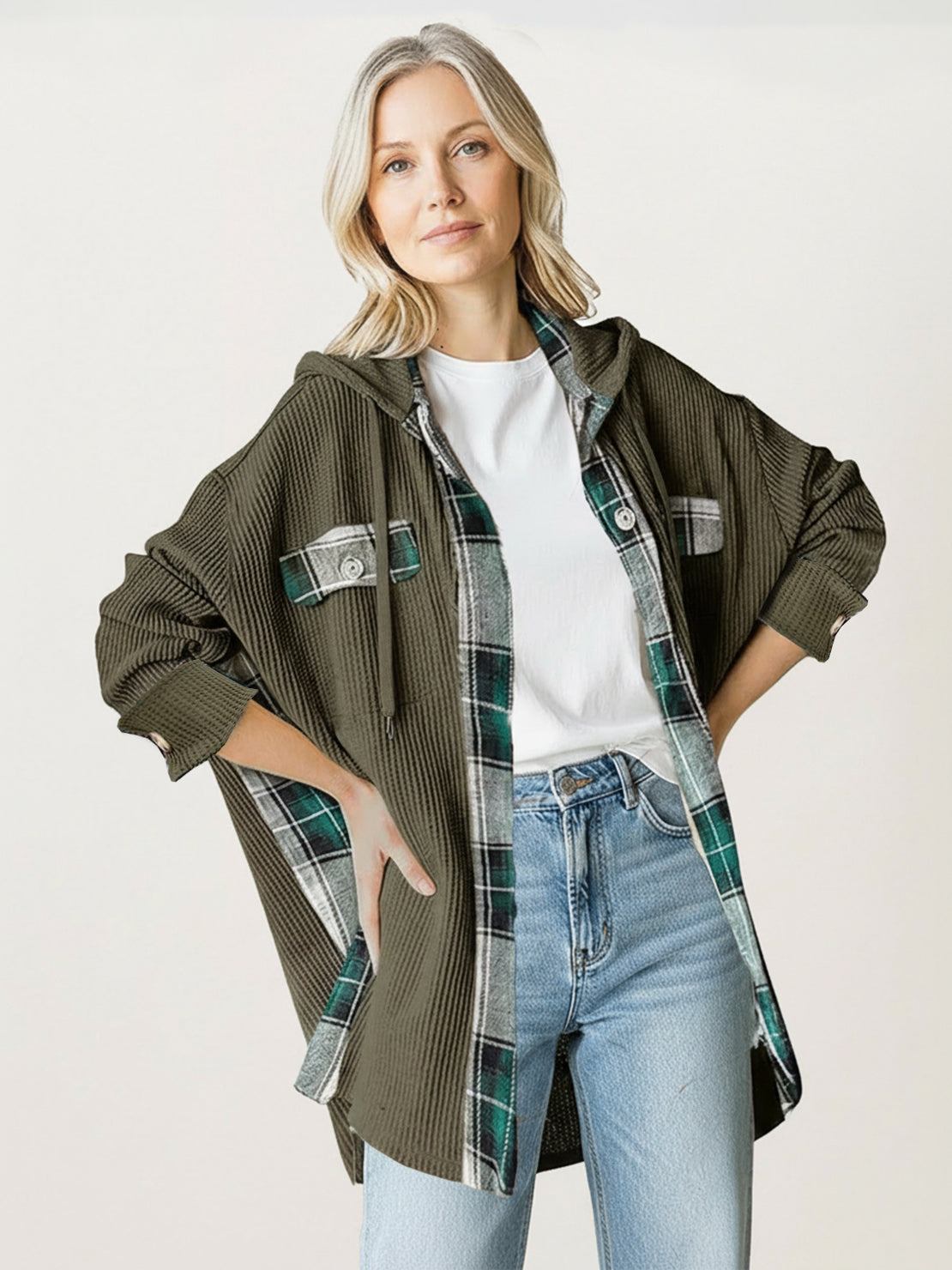 CloudKnit oversized hooded shacket with waffle knit texture and relaxed fit