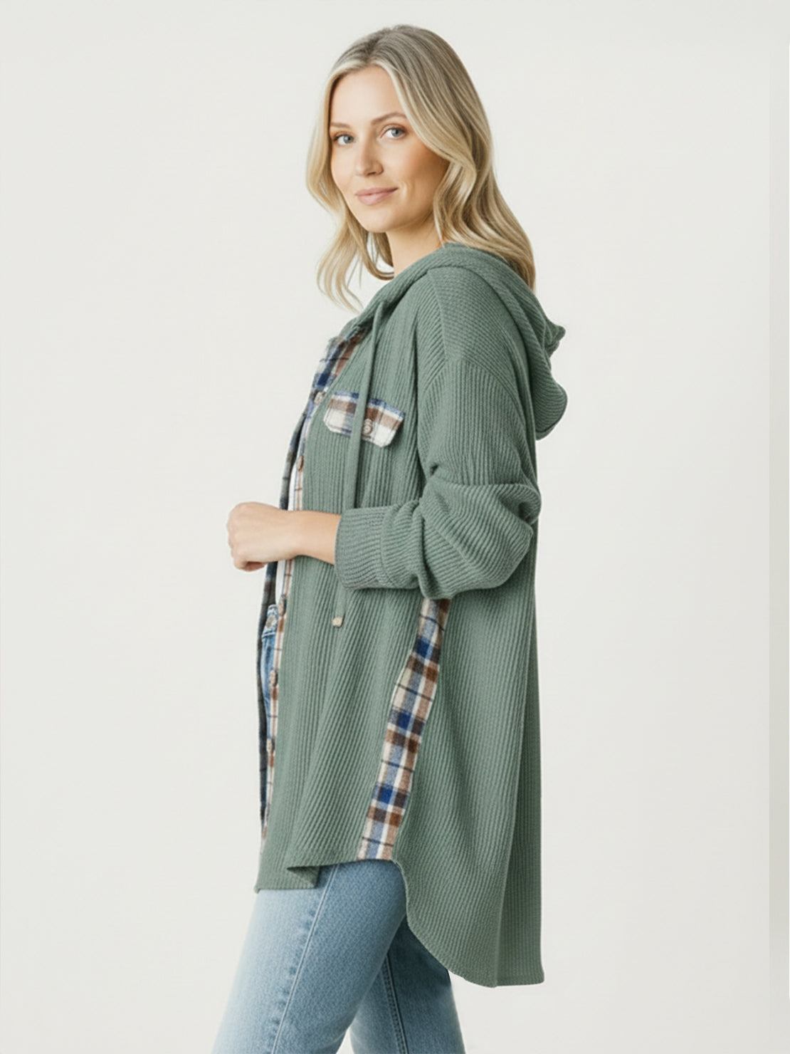 CloudKnit Oversized Hooded Shacket hip-length waffle knit jacket with button front and drawstring hood