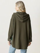 CloudKnit Oversized Hooded Shacket in textured waffle knit with button-front and drawstring hood
