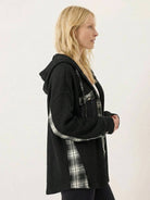CloudKnit oversized hip-length hooded shacket with waffle knit texture and button-front closure
