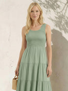 Smocked sleeveless maxi dress with tiered skirt and scoop neckline in lightweight breathable fabric