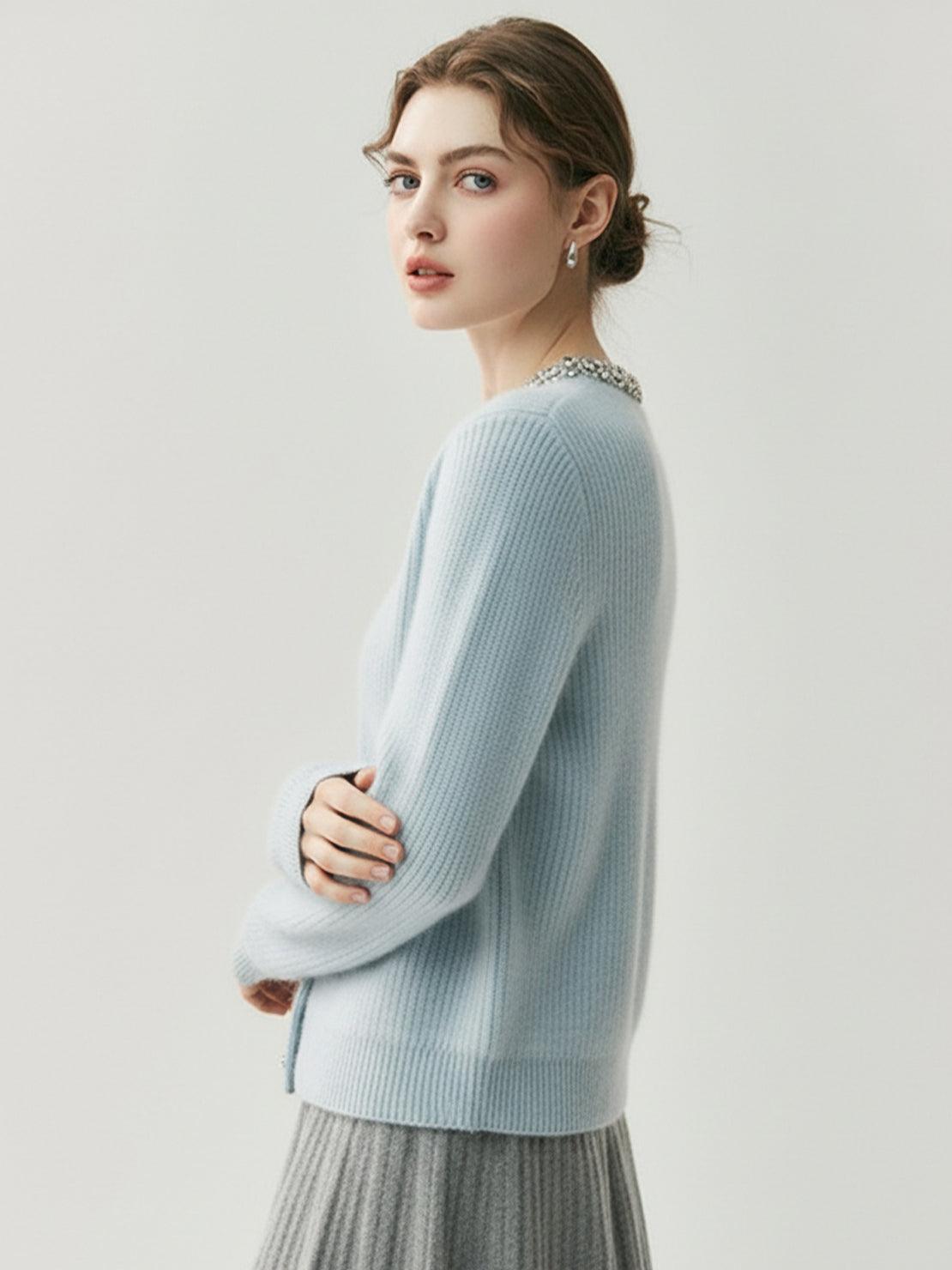 100% Alashan cashmere diamond-collar cardigan with crystal buttons and ribbed knit design