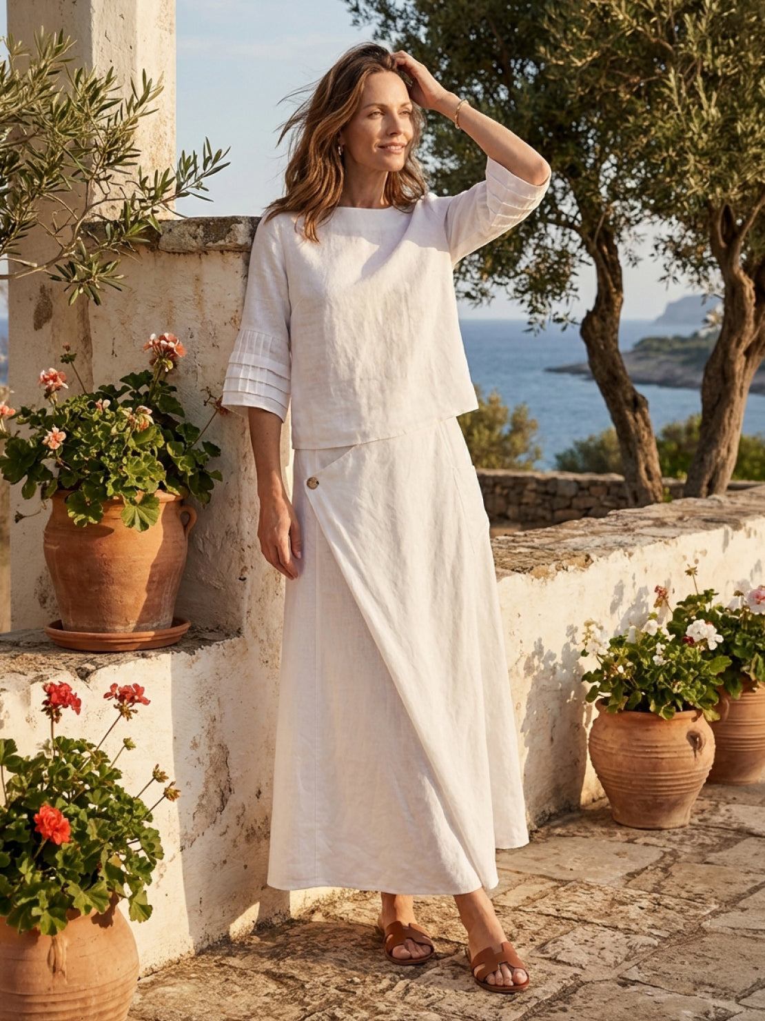 Woman wearing 100% cotton two-piece set with a crinkle finish wrap skirt and hip-length top