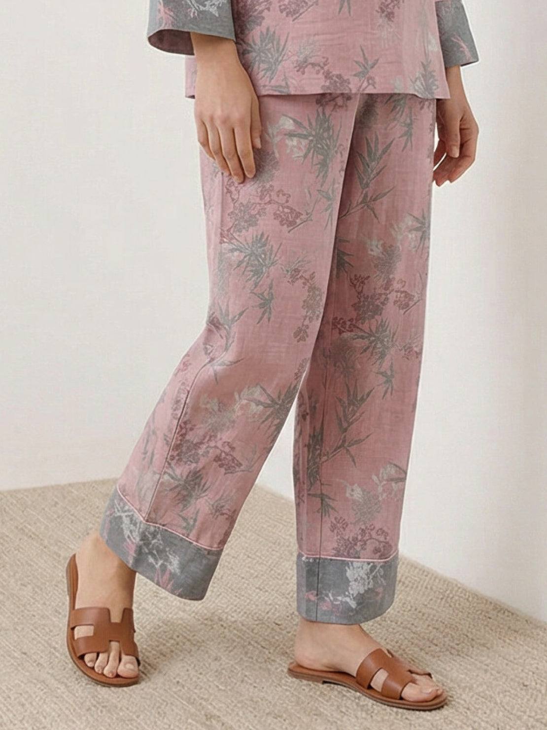 100% cotton Chinese Pankou pajamas set with tunic top and wide-leg pants, traditional frog closures, and bold landscape print