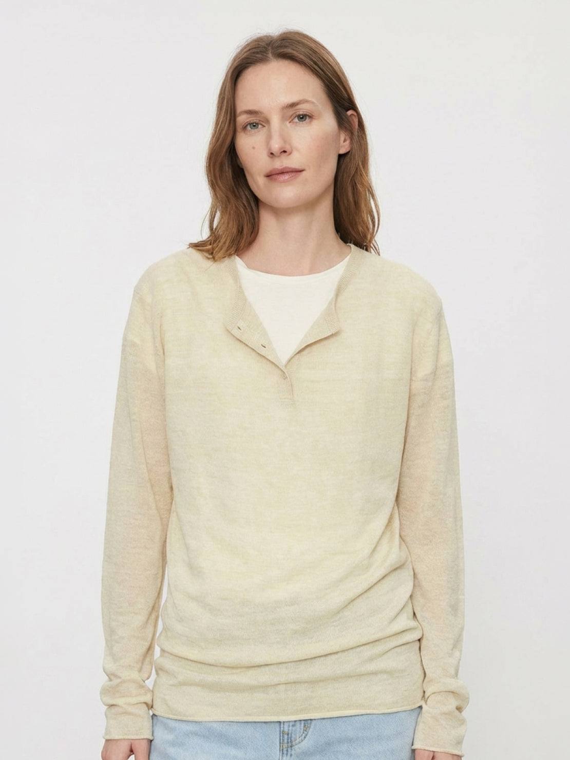 Organic Linen Henley Top fine knit long sleeve shirt with side slits in neutral heathered fabric