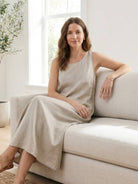 Lightweight cotton linen sleeveless maxi dress with round neckline and flowing ankle-length silhouette