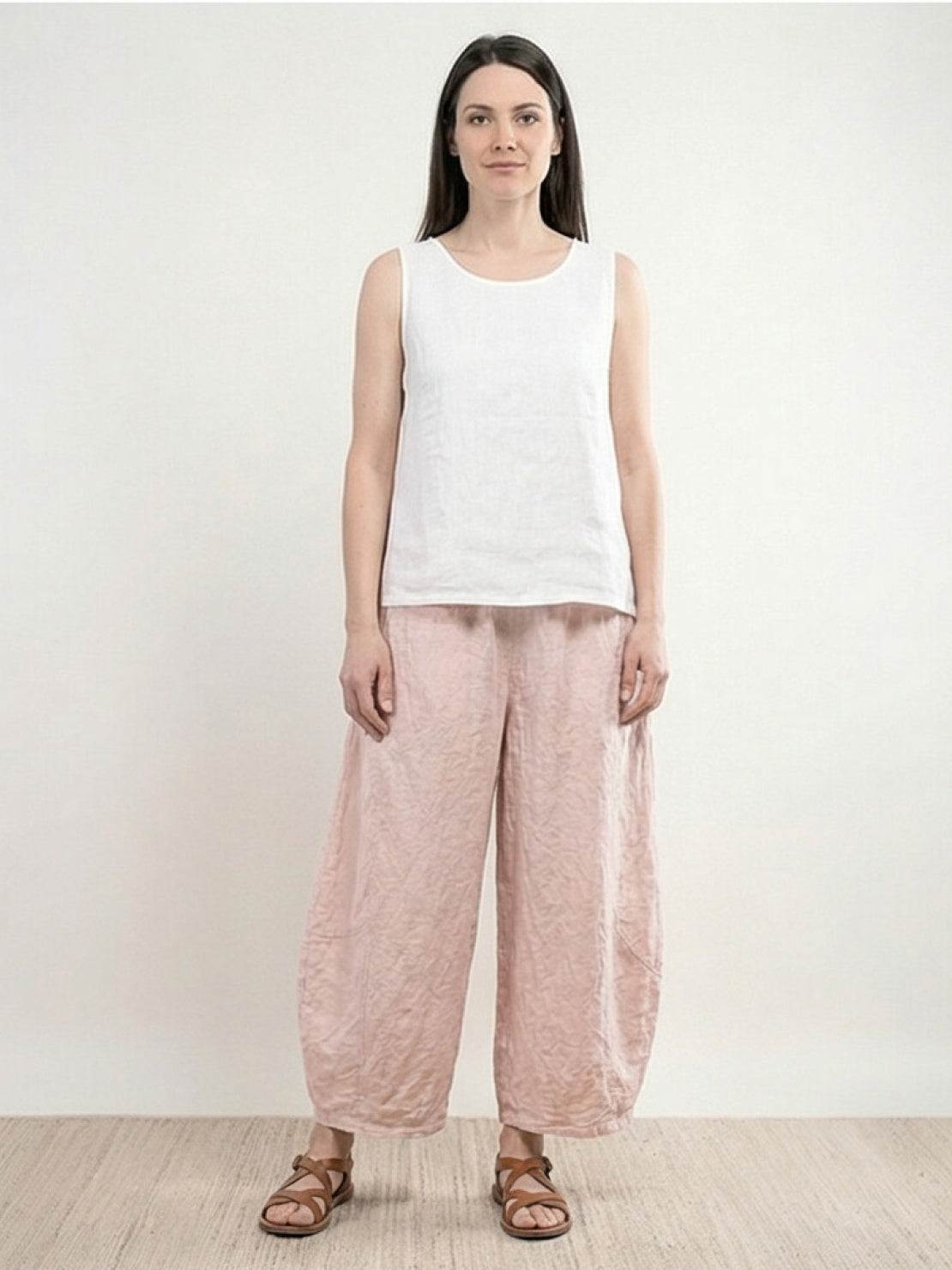Lightweight 100% linen harem balloon pants with elastic drawstring waistband and side pockets