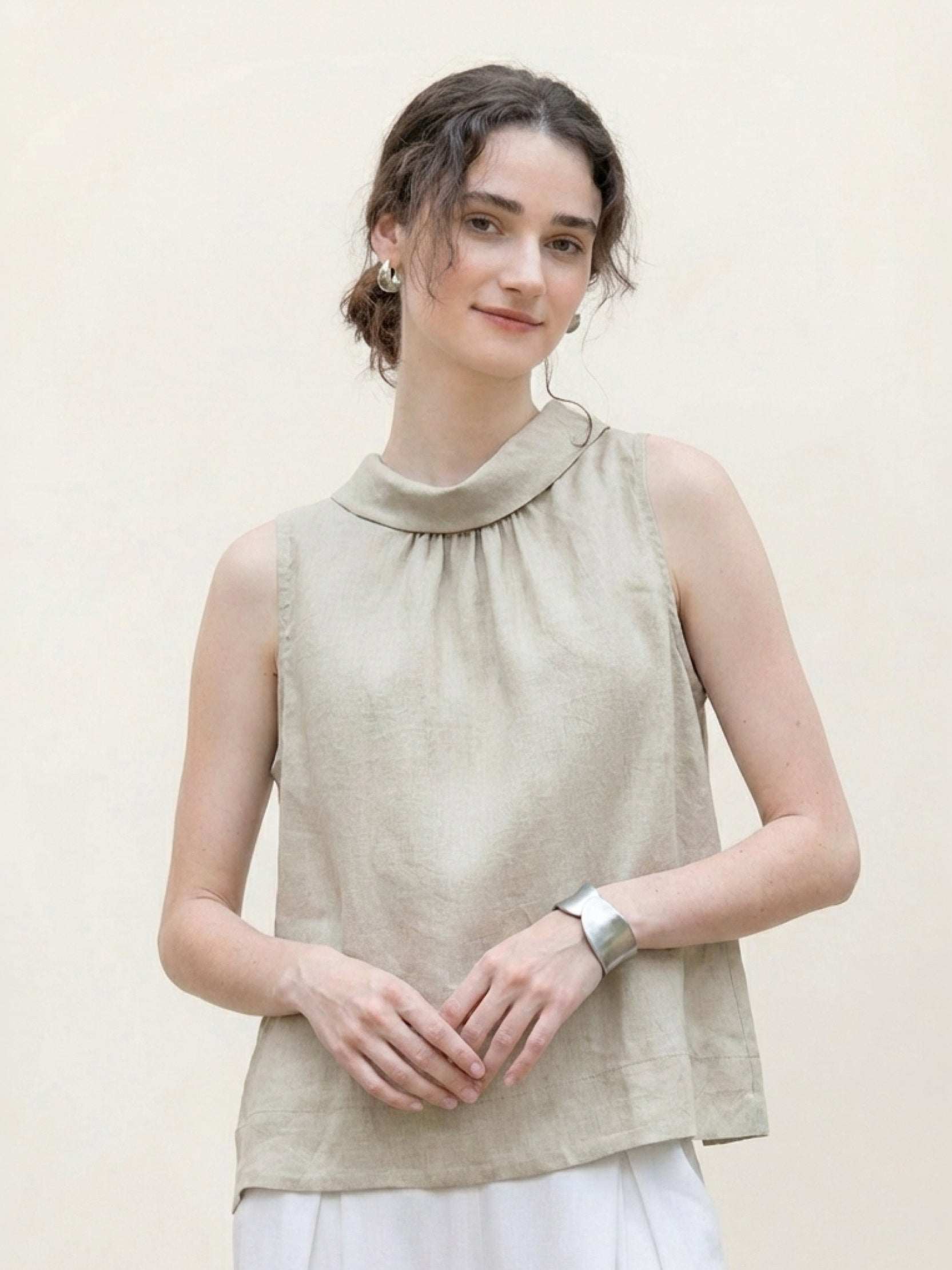 100% linen sleeveless cowl-collar top with boxy silhouette and natural crinkle texture