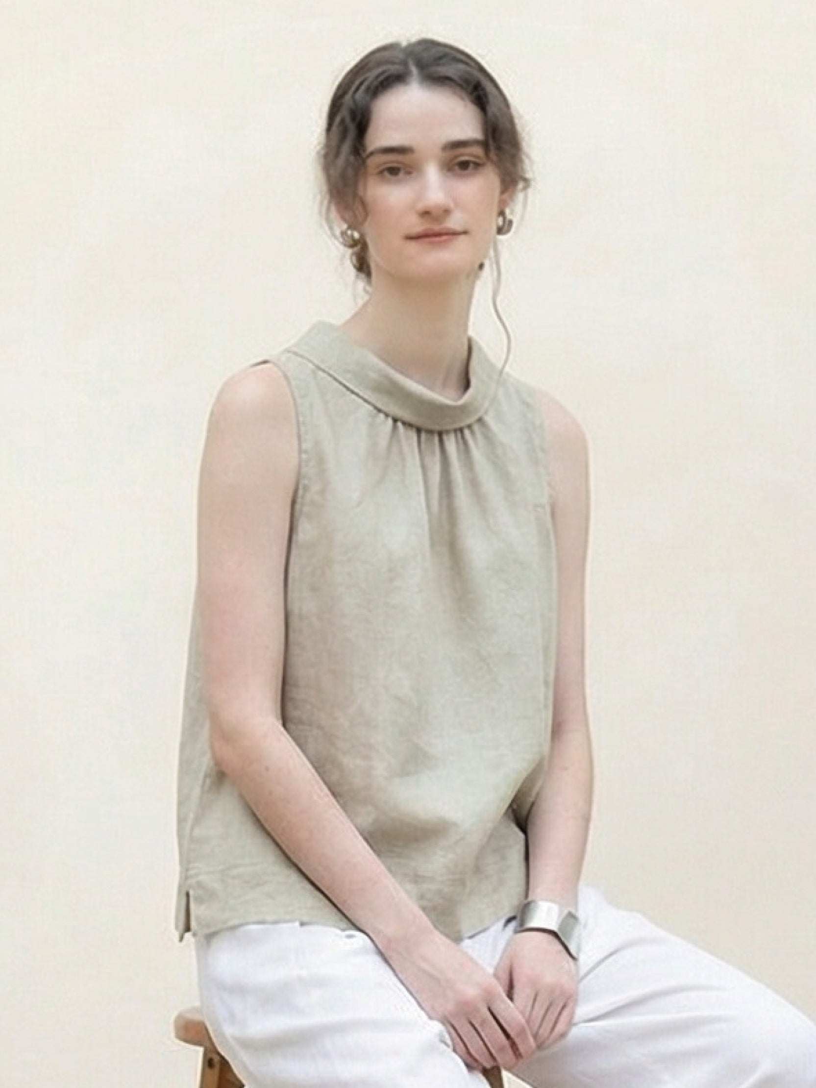 100% linen sleeveless top with cowl collar and boxy silhouette