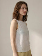 100% linen sleeveless vest with cowl drape and wide boat neck styles