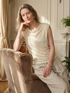 100% linen wide neck vest with cowl drape and boat neck styles, sleeveless and breathable fabric