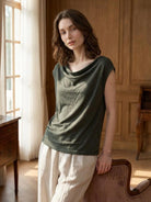 100% linen wide neck vest with cowl drape and boat neck styles