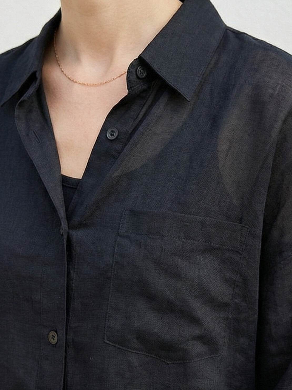 100% linen sheer overshirt with relaxed fit, button front, and classic collar