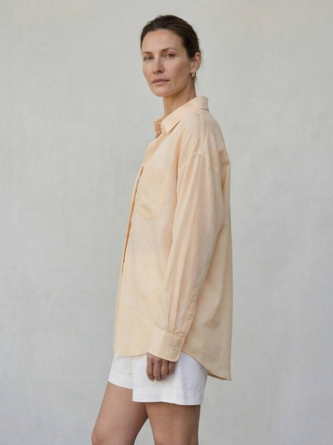 100% Linen Sheer Overshirt lightweight semi-transparent relaxed fit shirt with classic collar and button front