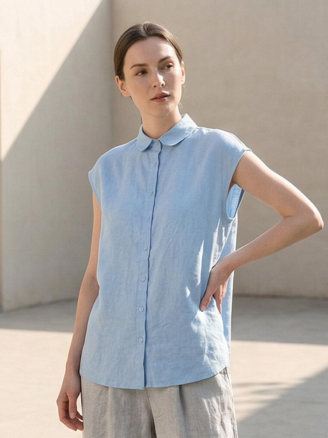100% linen two-way button blouse with A-line silhouette and Peter Pan collar