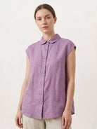 100% linen two-way button blouse with Peter Pan collar and cap sleeves, shown front and back view