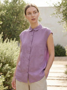 100% linen two-way button blouse with A-line silhouette, cap sleeves, and Peter Pan collar
